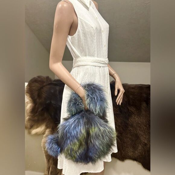 Colorful Real Fox Fur Handmade Round Bag, Includes 2 Strap and Fur Ball Chains - Picture 5 of 17